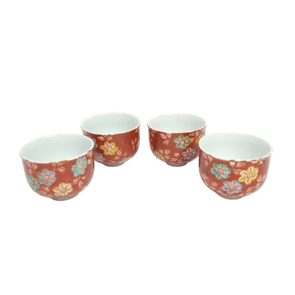 Kyusu Teapot with 4 Cups Small Tea Set Asian Rusty Red Floral Bowl Vase Tea Saki - Picture 6 of 12